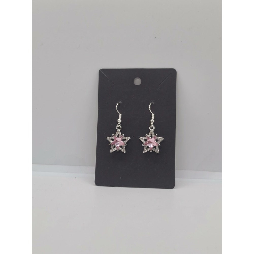 Handmade Pink Star Crystal Dangle Earrings Silver Tone Pavé Rhinestone Y2K Style